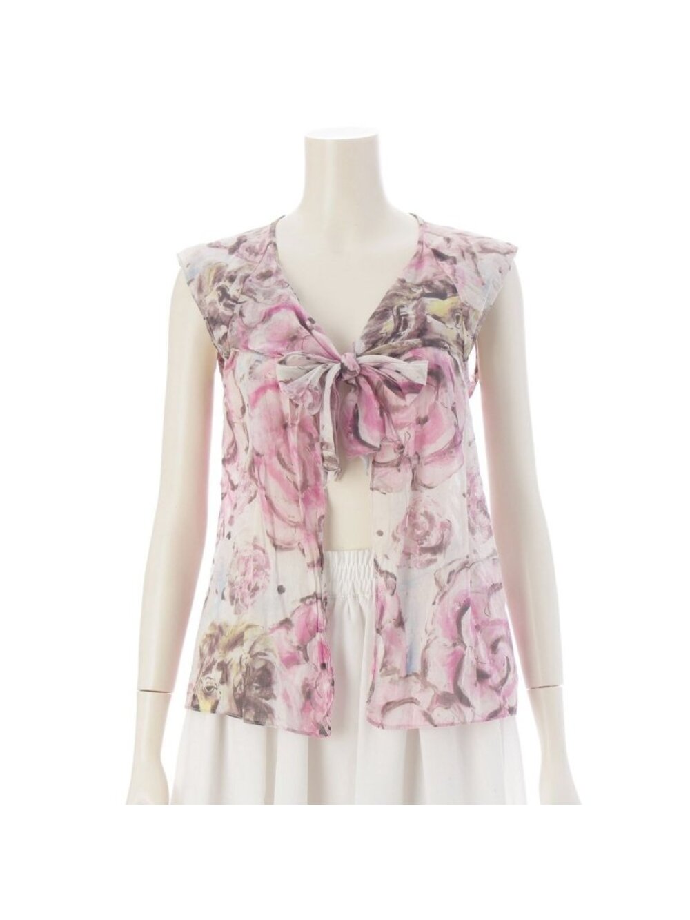 Chanel 09P Camellia Cotton Bow Tie Sleeveless Blouse Top Pink White Yellow 38